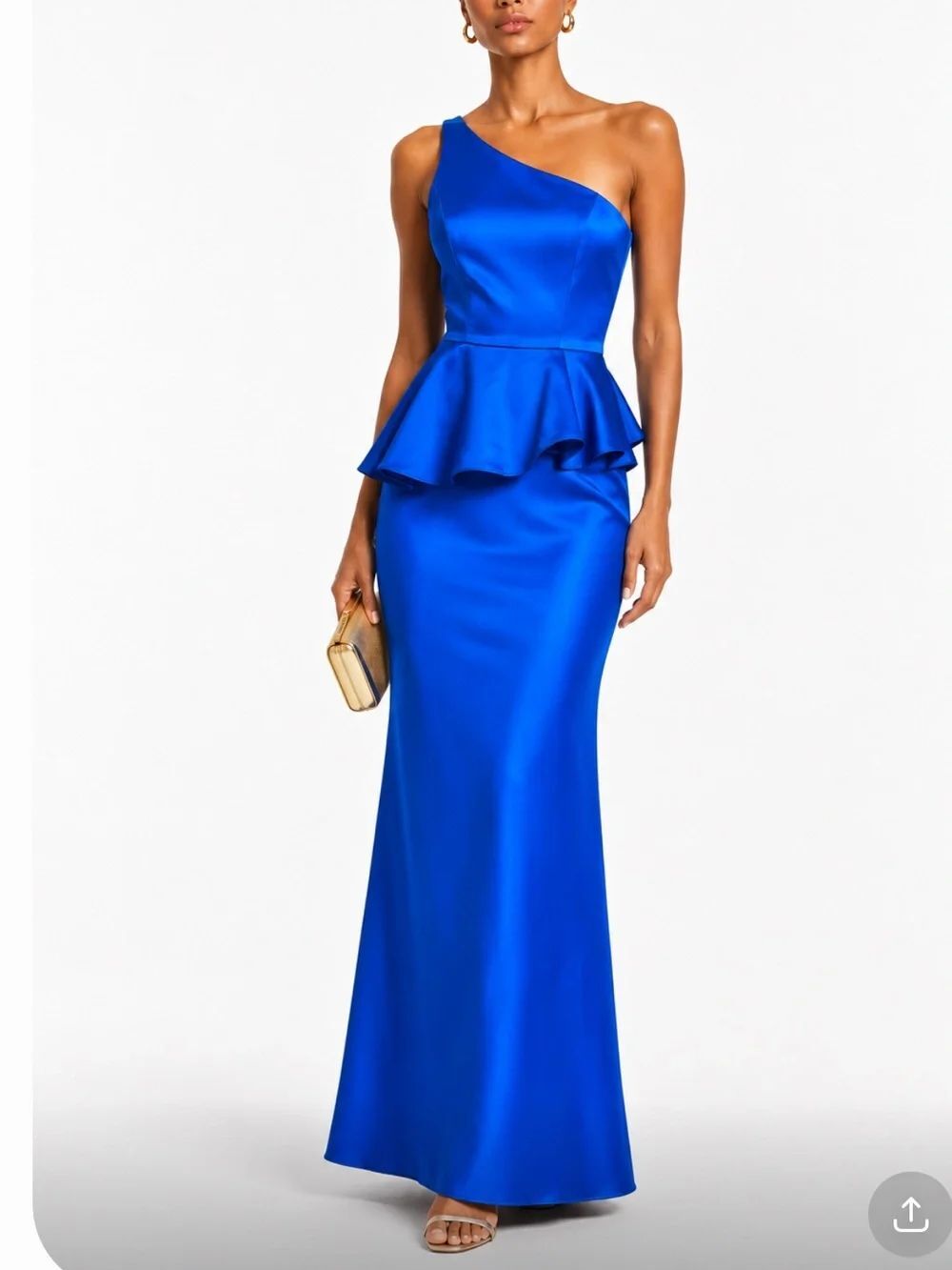 MORI LEE One-Shoulder Sapphire Peplum Gown